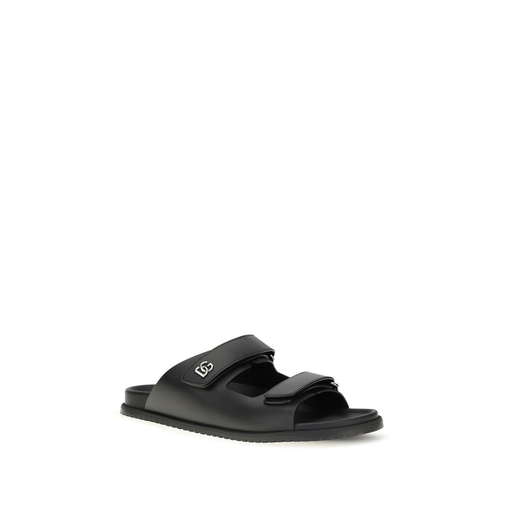 Dolce & Gabbana Sample Sale | Dolce & Gabbana Black Calf Leather Bos Taurus Flat Sandals - | Designer outlet