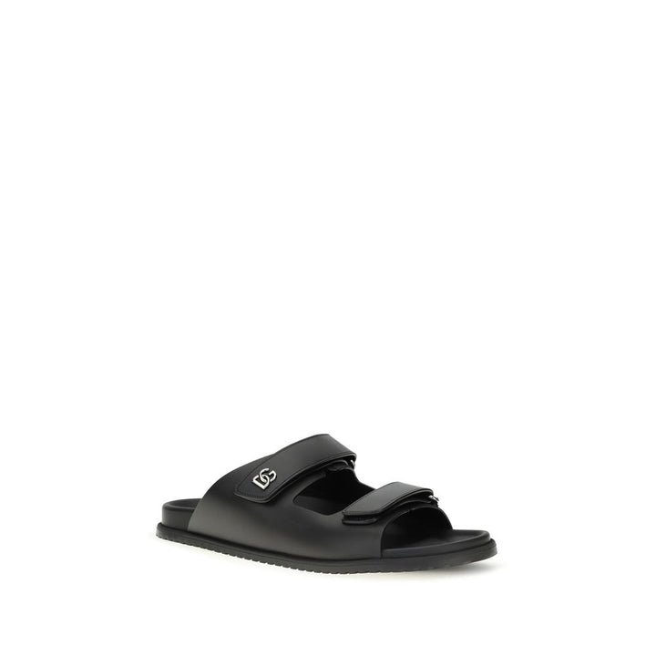 Dolce &amp; Gabbana Black Calf Leather Bos Taurus Flat Sandals