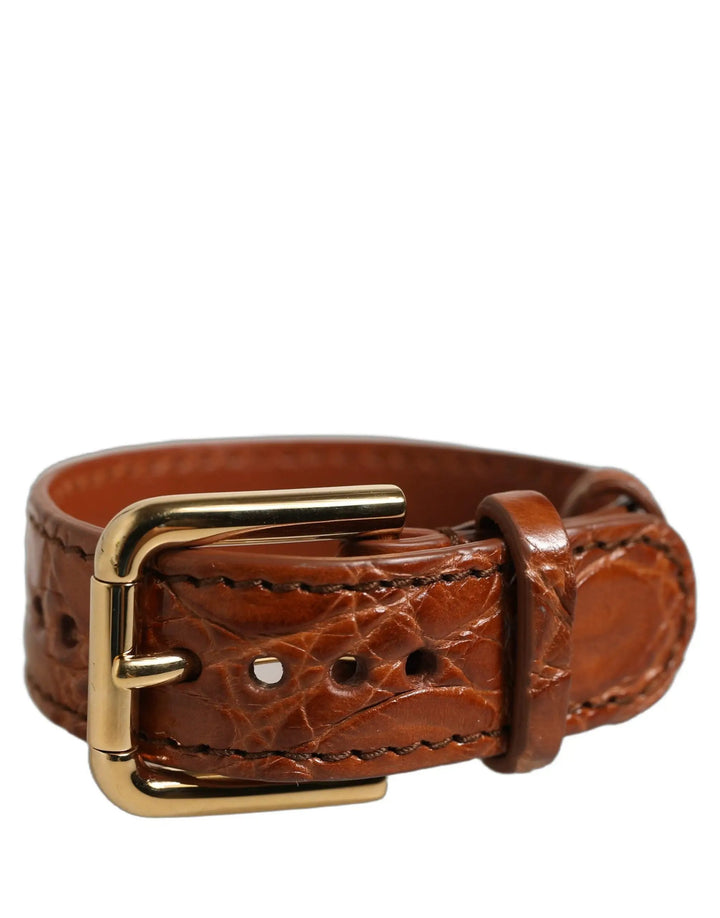 Dolce &amp; Gabbana Sample Sale | Dolce &amp; Gabbana Brown Textured Leather Gold Buckle Belt Strap Bracelet - | Designer outlet