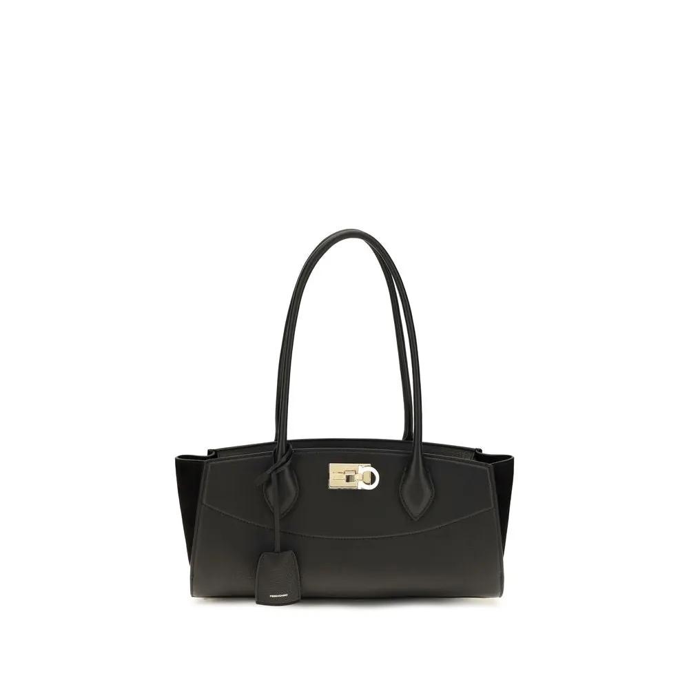 Ferragamo Black Calf Leather Bos Taurus Shoulder Bag