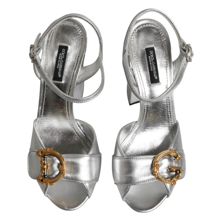 Dolce &amp; Gabbana Silver Logo Ankle Strap Heels Sandals Shoes