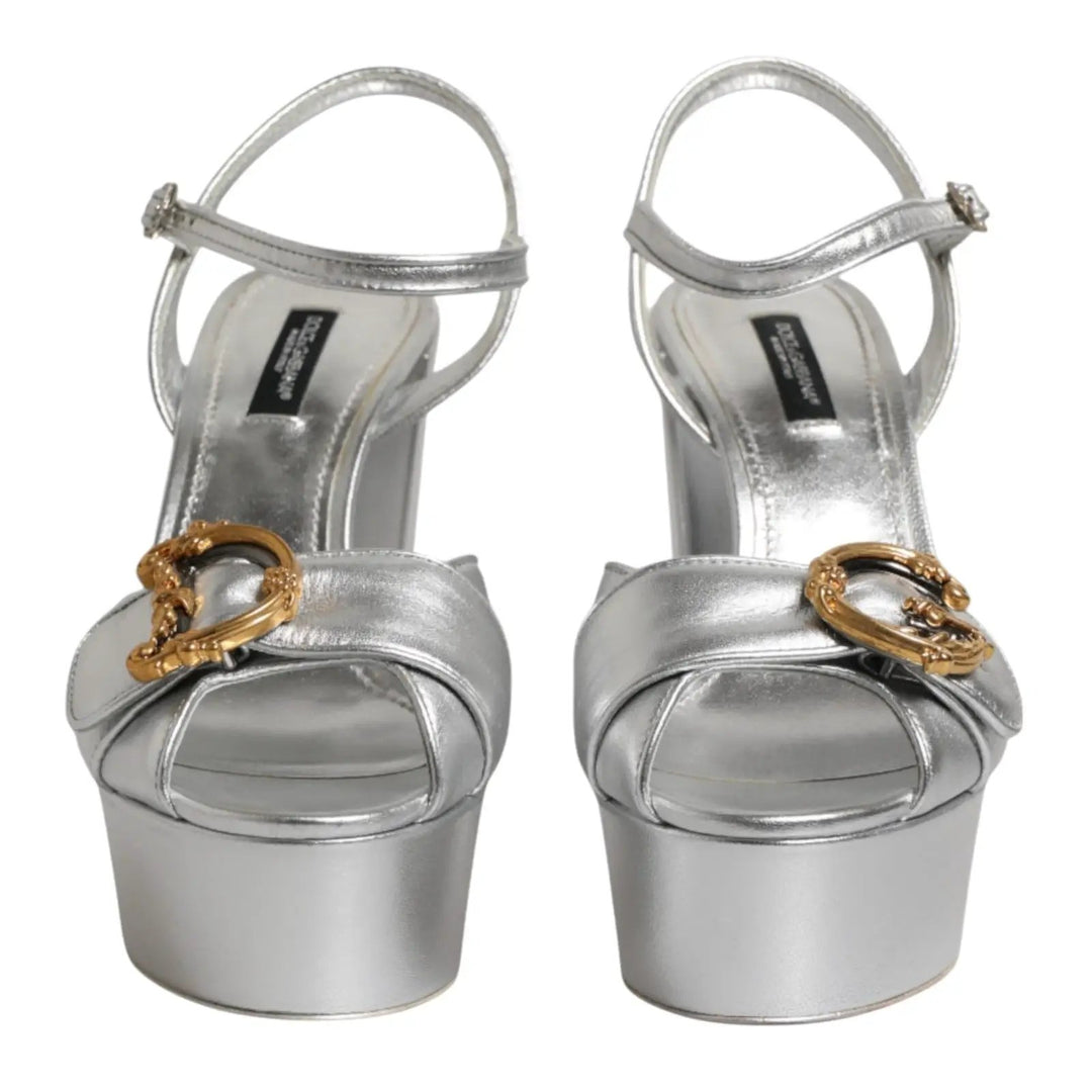 Dolce &amp; Gabbana Silver Logo Ankle Strap Heels Sandals Shoes