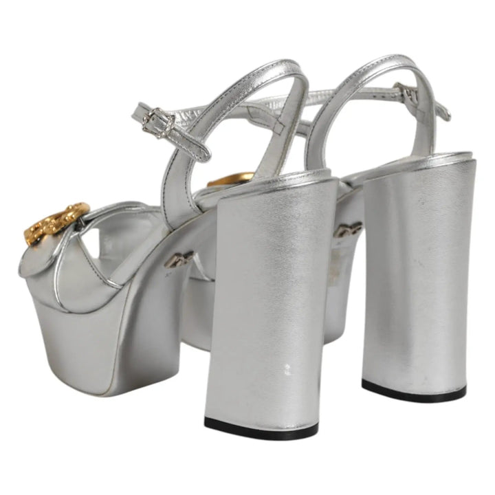 Dolce &amp; Gabbana Silver Logo Ankle Strap Heels Sandals Shoes