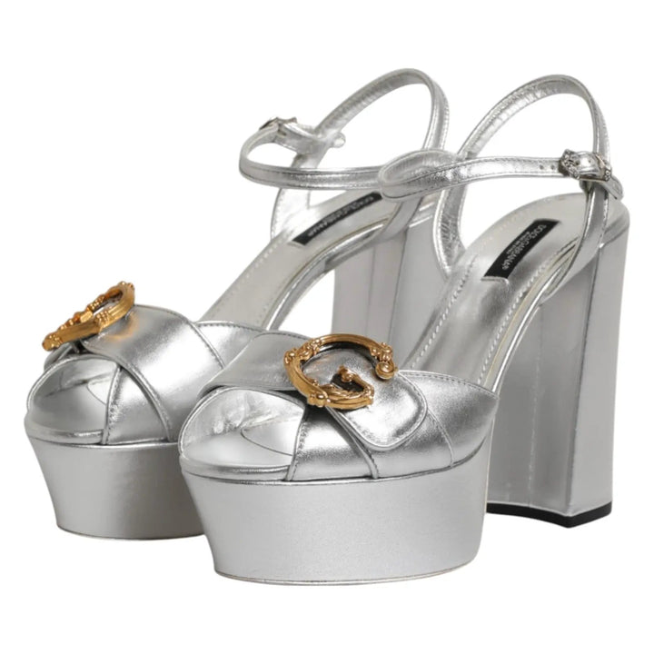 Dolce &amp; Gabbana Silver Logo Ankle Strap Heels Sandals Shoes