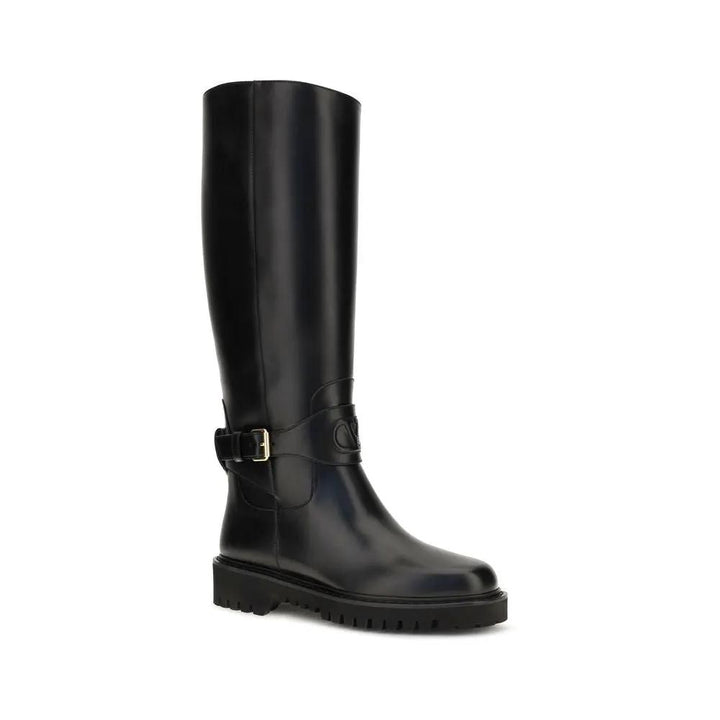 Valentino Garavani Sample Sale | Valentino Garavani Black Calf Leather Bos Taurus Flat Boots - | Designer outlet