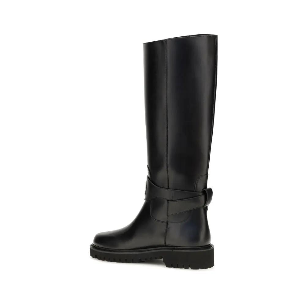 Valentino Garavani Sample Sale | Valentino Garavani Black Calf Leather Bos Taurus Flat Boots - | Designer outlet