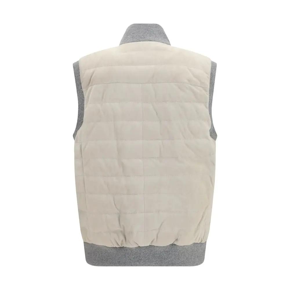 Brunello Cucinelli Beige Calf Leather Bos Taurus Sleeveless Jacket