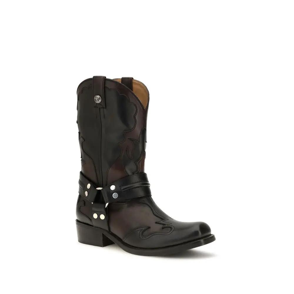 Versace Sample Sale | Versace Black Calf Leather Bos Taurus Ankle Boots - | Designer outlet