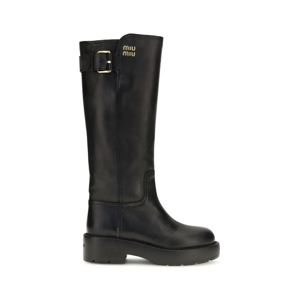 Miu Miu Black Calf Leather Bos Taurus Flat Boots
