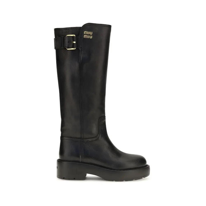 Miu Miu Black Calf Leather Bos Taurus Flat Boots