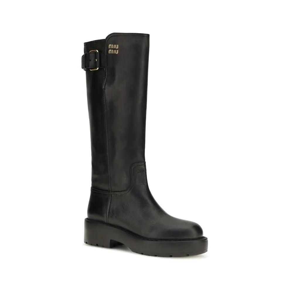 Miu Miu Sample Sale | Miu Miu Black Calf Leather Bos Taurus Flat Boots - | Designer outlet