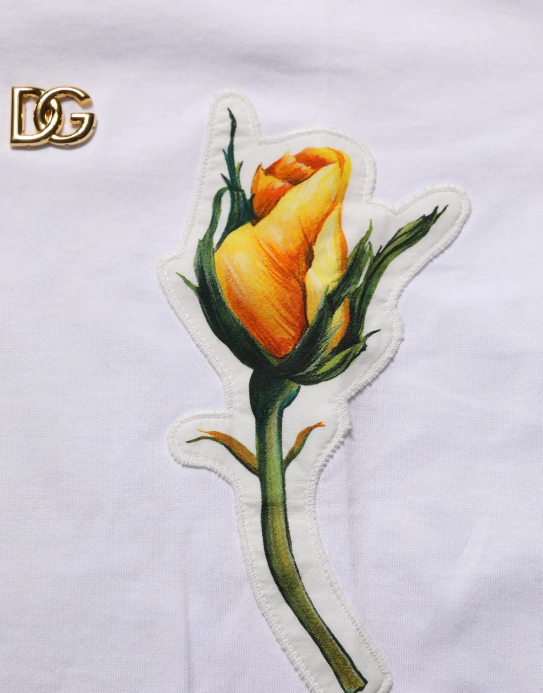 Dolce &amp; Gabbana White Cotton Rose Patch Crew Neck T-shirt