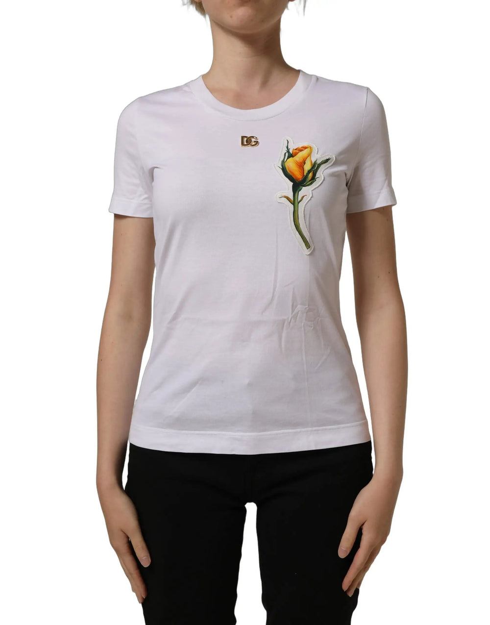 Dolce & Gabbana Sample Sale | Dolce & Gabbana White Cotton Rose Patch Crew Neck T-shirt - | Designer outlet