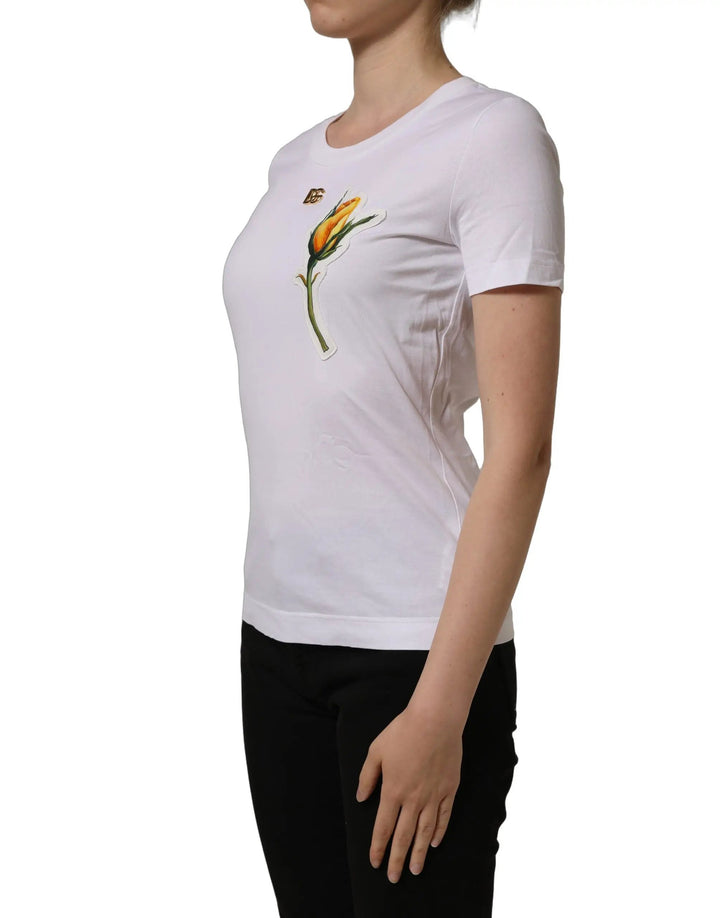 Dolce &amp; Gabbana White Cotton Rose Patch Crew Neck T-shirt