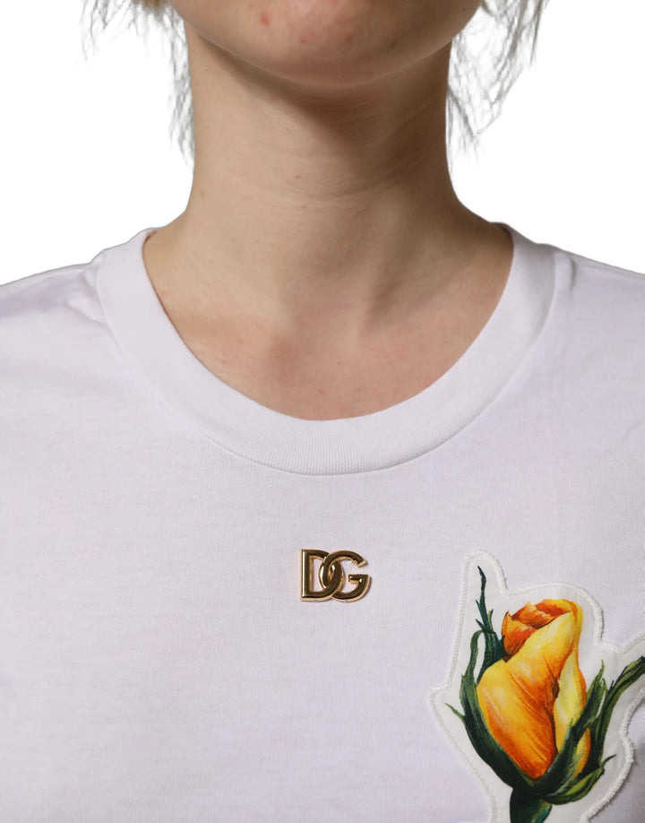 Dolce &amp; Gabbana White Cotton Rose Patch Crew Neck T-shirt