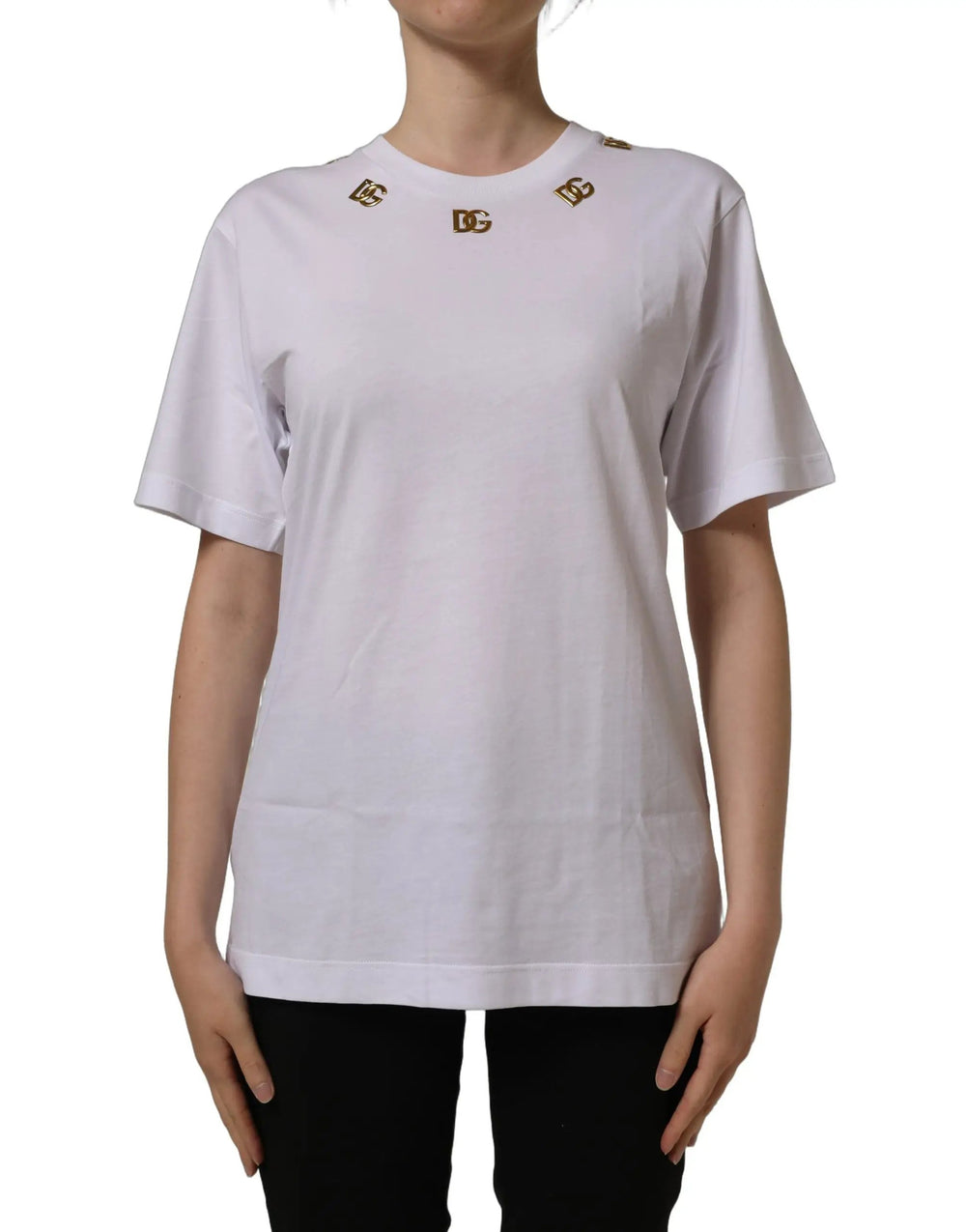 Dolce & Gabbana Sample Sale | Dolce & Gabbana White Cotton Gold DG Logo Crew Neck T-shirt - | Designer outlet