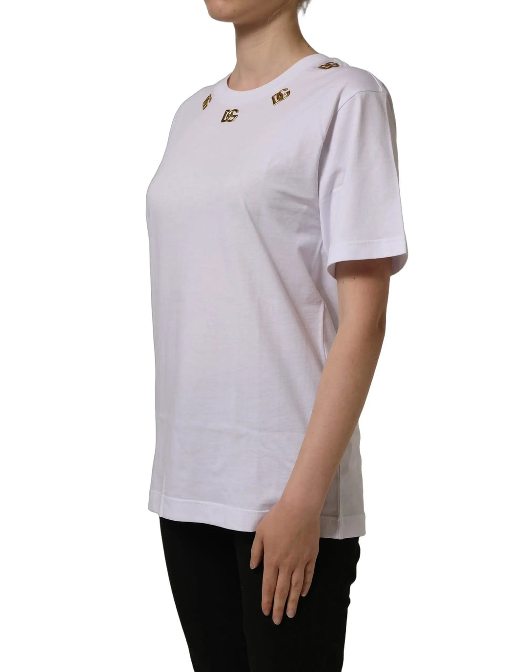 Dolce &amp; Gabbana White Cotton Gold DG Logo Crew Neck T-shirt