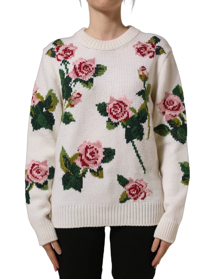 Dolce &amp; Gabbana White Wool Floral Crew Neck Pullover Sweater