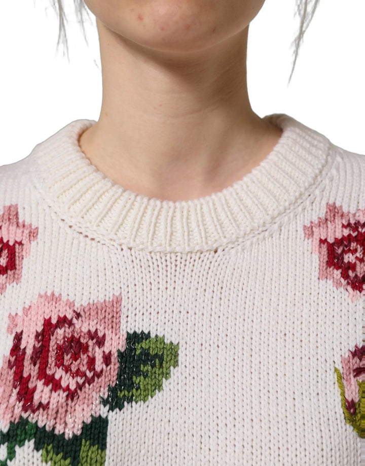 Dolce &amp; Gabbana White Wool Floral Crew Neck Pullover Sweater