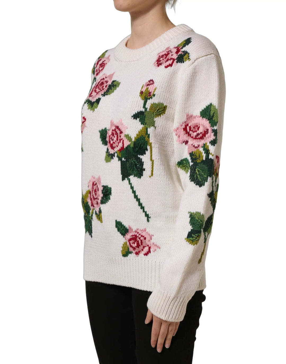 Dolce &amp; Gabbana White Wool Floral Crew Neck Pullover Sweater