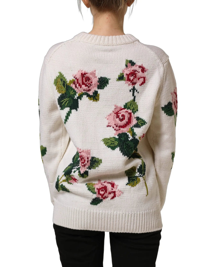 Dolce &amp; Gabbana White Wool Floral Crew Neck Pullover Sweater