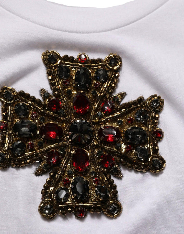 Dolce &amp; Gabbana White Crystal Embellished Cross Top T-shirt