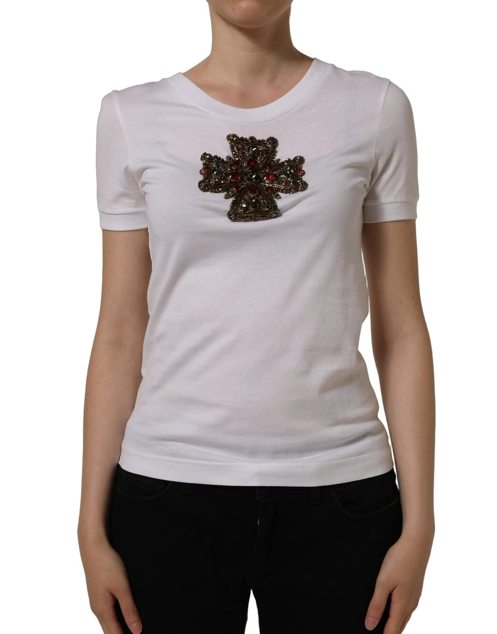 Dolce & Gabbana Sample Sale | Dolce & Gabbana White Crystal Embellished Cross Top T-shirt - | Designer outlet