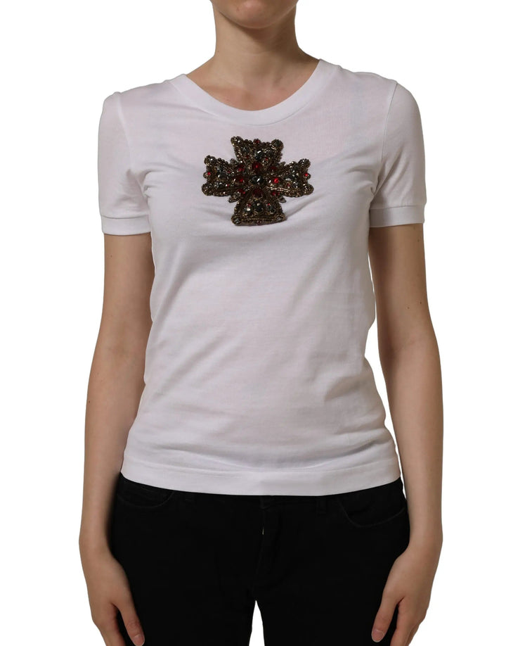 Dolce &amp; Gabbana White Crystal Embellished Cross Top T-shirt