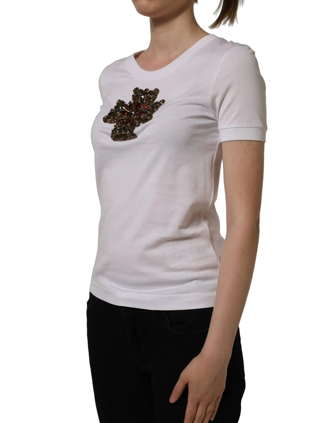 Dolce &amp; Gabbana White Crystal Embellished Cross Top T-shirt
