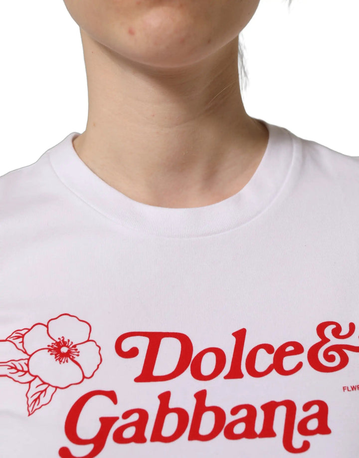Dolce &amp; Gabbana White Floral Logo Print Crew Neck T-shirt