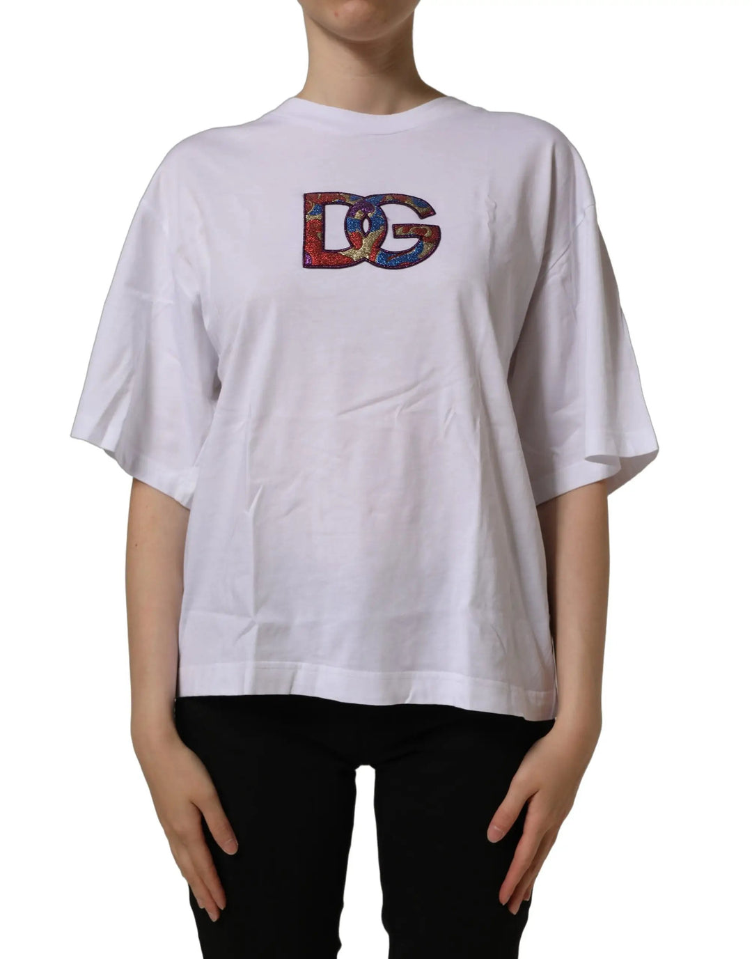 Dolce &amp; Gabbana White Logo Patch Cotton Crew Neck T-shirt