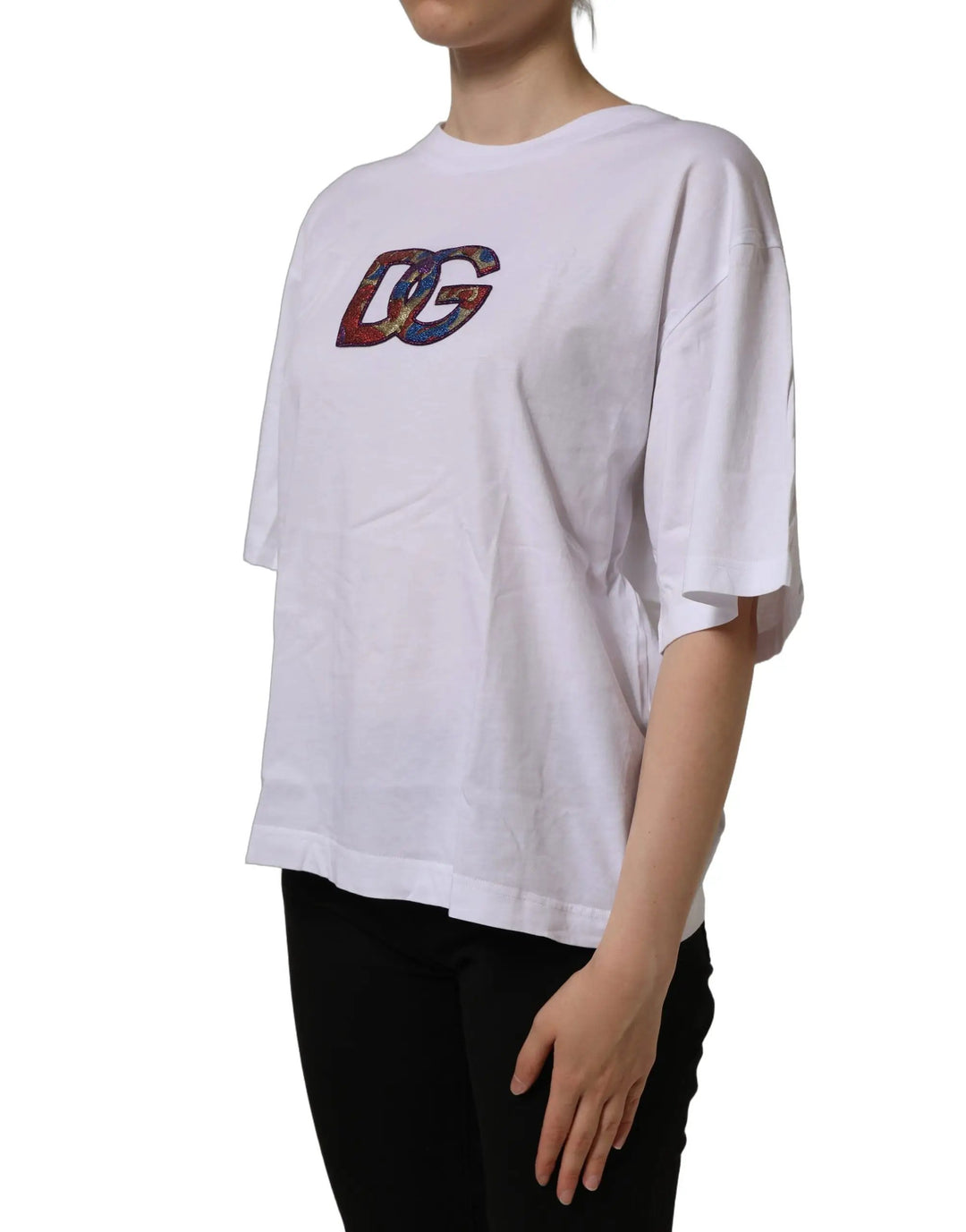 Dolce &amp; Gabbana White Logo Patch Cotton Crew Neck T-shirt