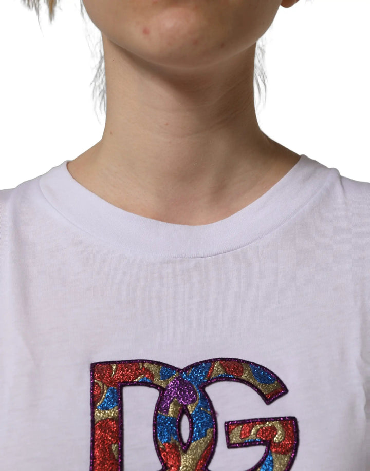 Dolce &amp; Gabbana White Logo Patch Cotton Crew Neck T-shirt