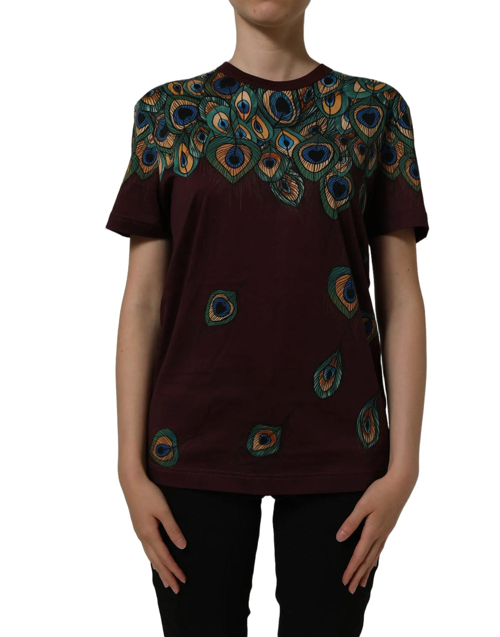 Dolce & Gabbana Sample Sale | Dolce & Gabbana Burgundy Peacock Feather Round Neck T-shirt - | Designer outlet
