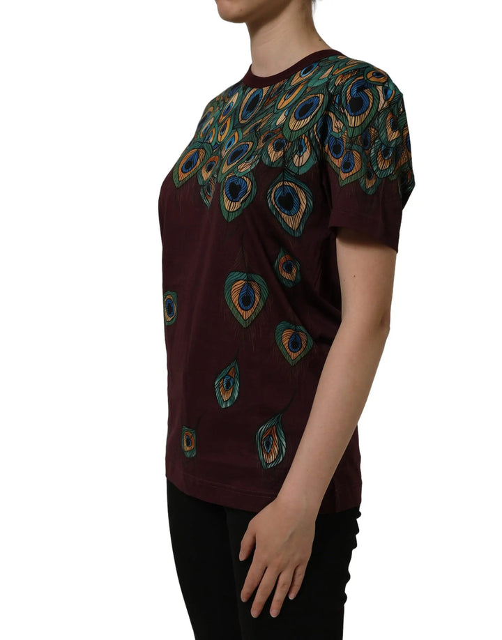 Dolce &amp; Gabbana Burgundy Peacock Feather Round Neck T-shirt