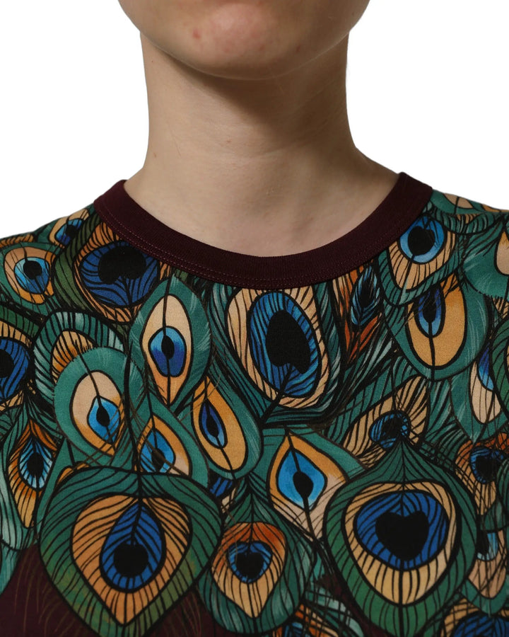 Dolce &amp; Gabbana Burgundy Peacock Feather Round Neck T-shirt