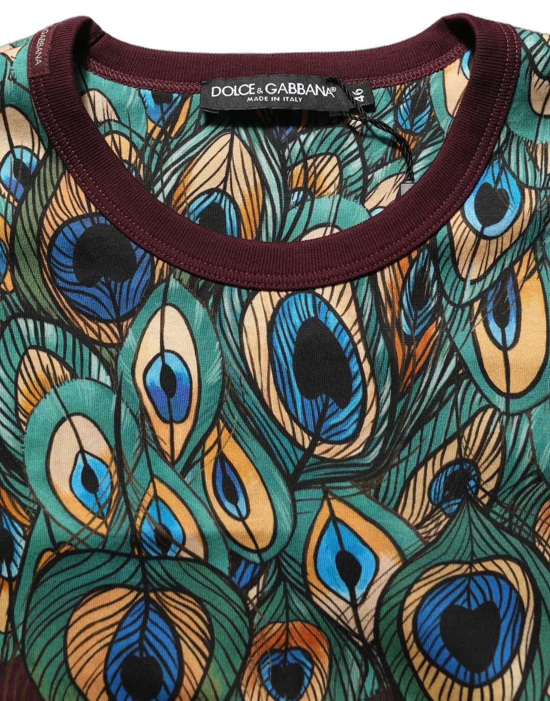 Dolce &amp; Gabbana Burgundy Peacock Feather Round Neck T-shirt