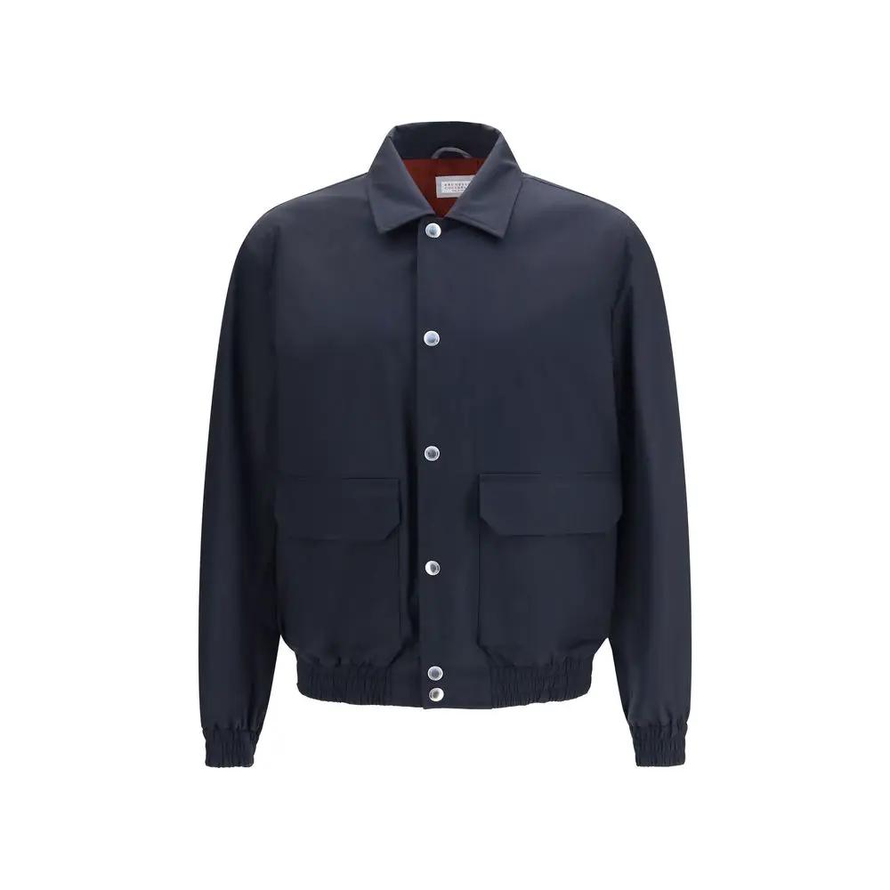 Brunello Cucinelli Blue Silk Biker Jacket