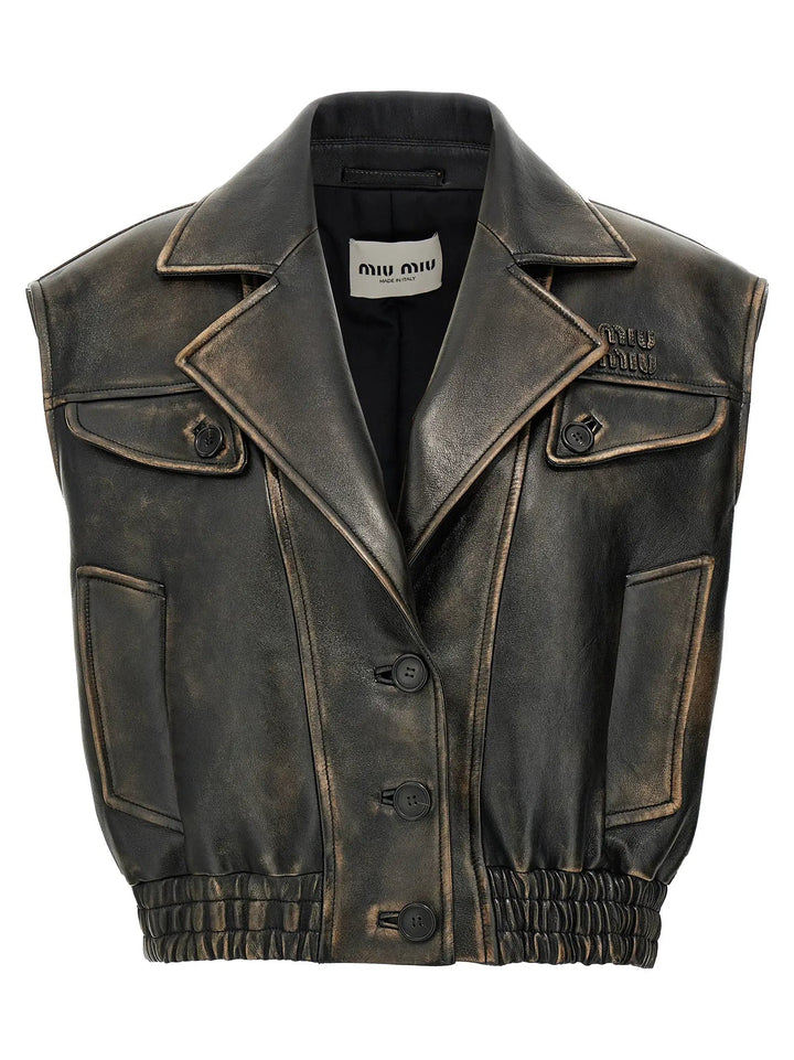 Miu Miu Sample Sale | Miu Miu Brown Lamb Leather Sleeveless Jacket - | Designer outlet