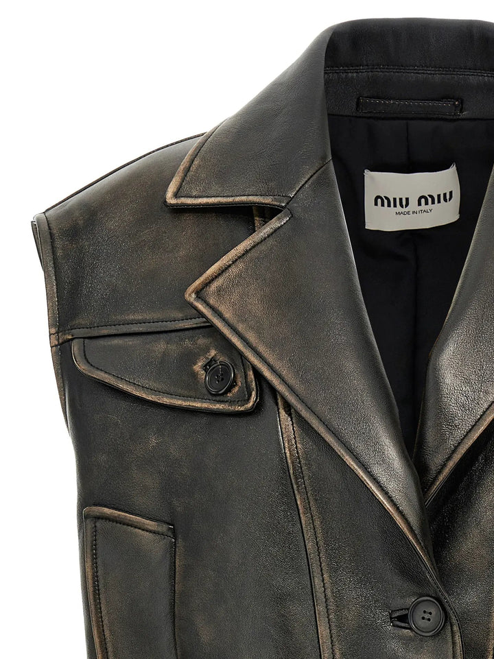 Miu Miu Sample Sale | Miu Miu Brown Lamb Leather Sleeveless Jacket - | Designer outlet