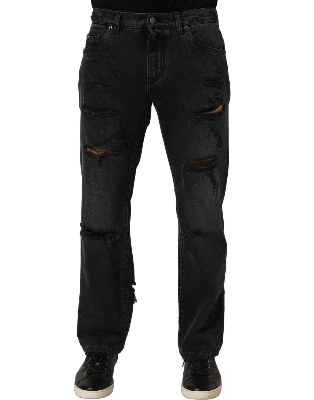 Dolce &amp; Gabbana Sample Sale | Dolce &amp; Gabbana Dark Gray Cotton Ripped Men Denim Jeans - | Designer outlet