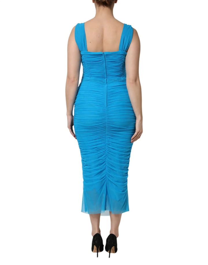 Dolce &amp; Gabbana Sample Sale | Dolce &amp; Gabbana Blue Ruched Tulle Midi Square Neck Dress - | Designer outlet