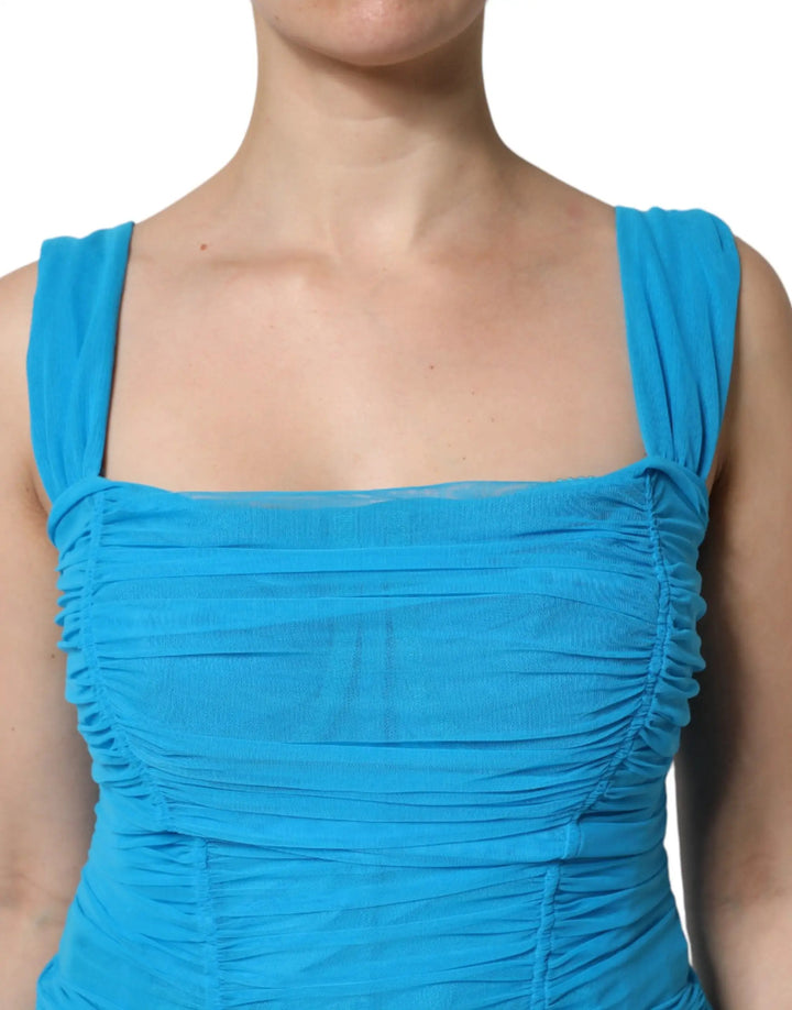 Dolce &amp; Gabbana Sample Sale | Dolce &amp; Gabbana Blue Ruched Tulle Midi Square Neck Dress - | Designer outlet
