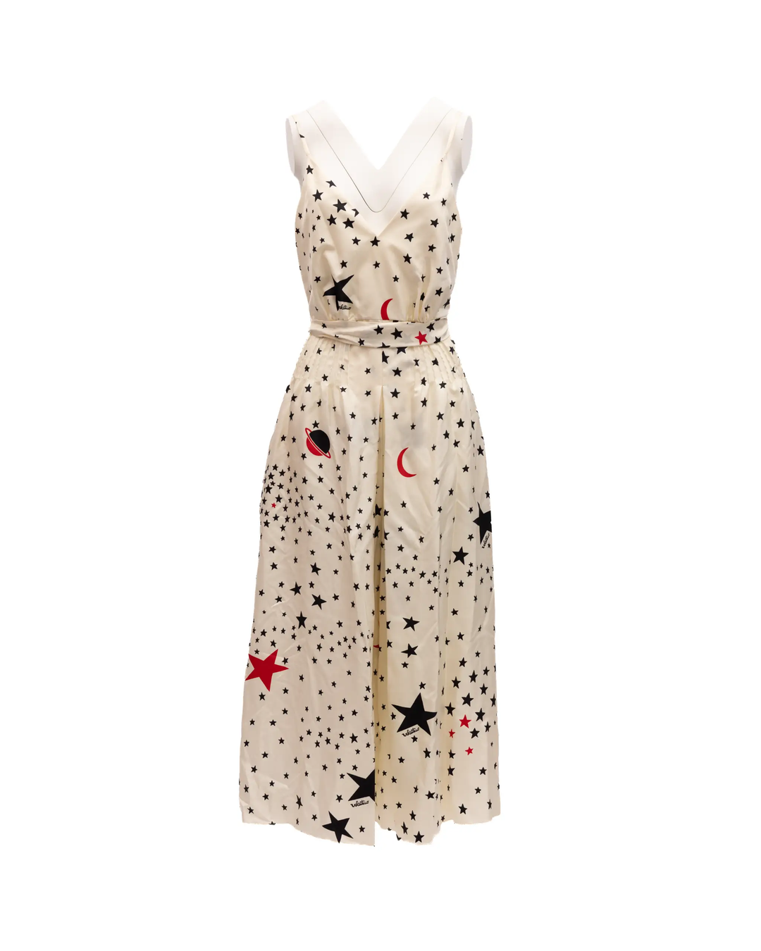 Valentino Garavani Sample Sale | Valentino Garavani Midi Cream With Black And Red Stars Dress - | Designer outlet