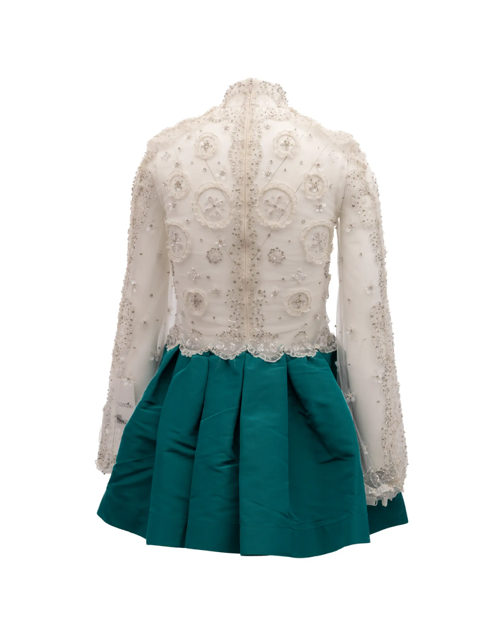 Valentino Garavani Sample Sale | Valentino Garavani White Beaded Lace Mini Dress with Teal Skirt - | Designer outlet