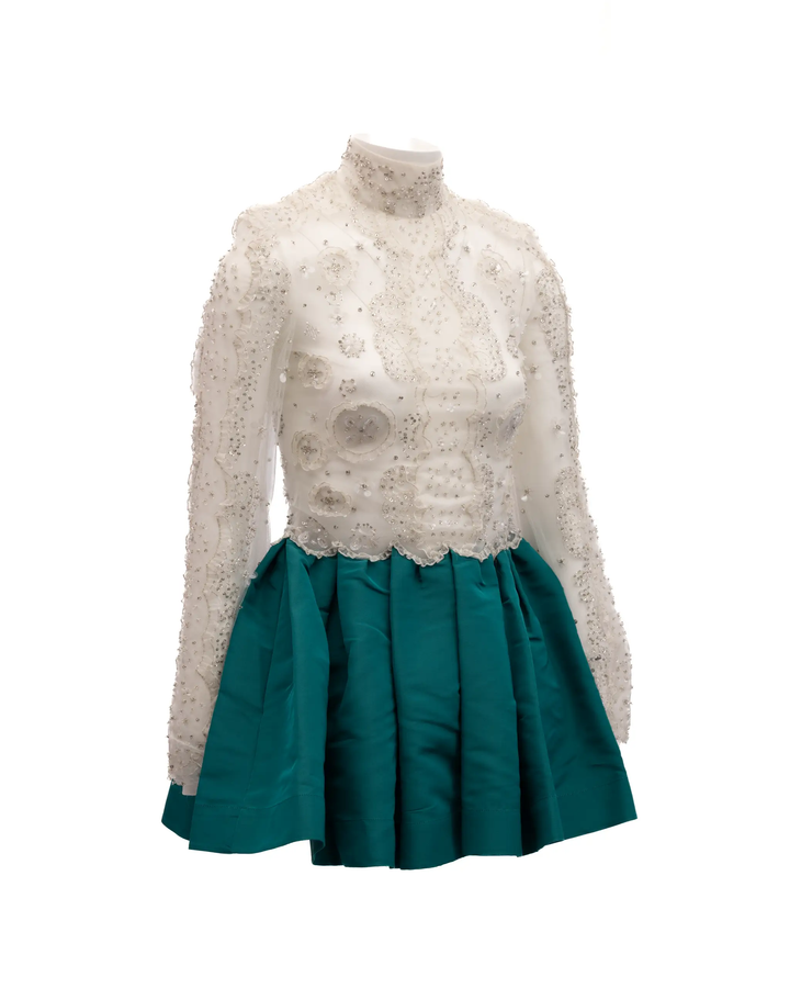 Valentino Garavani Sample Sale | Valentino Garavani White Beaded Lace Mini Dress with Teal Skirt - | Designer outlet