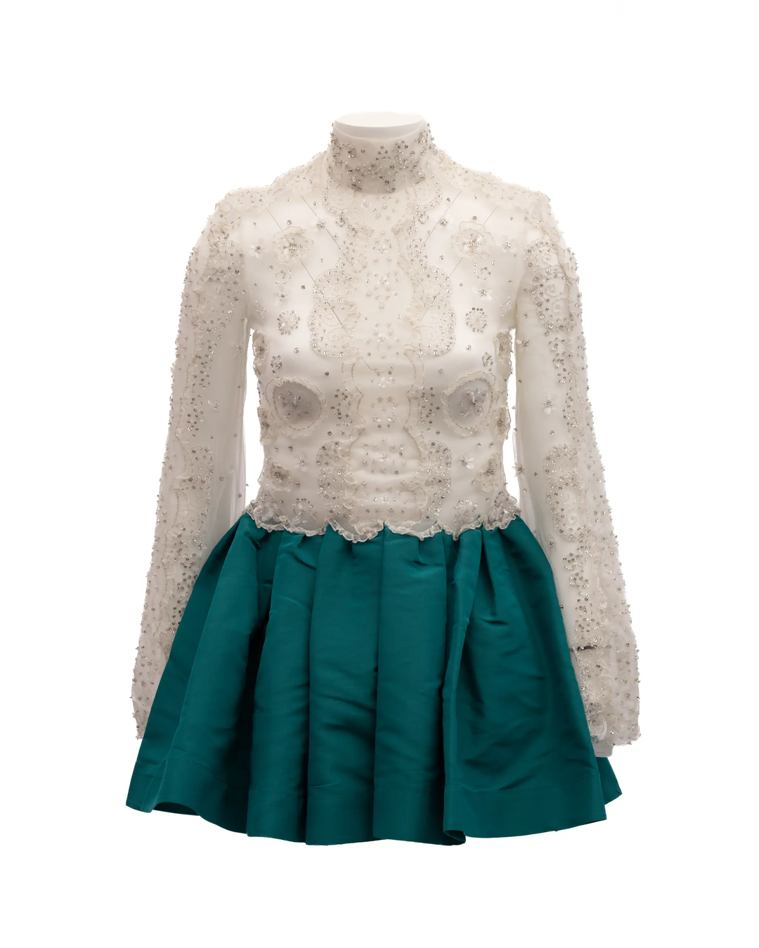 Valentino Garavani Sample Sale | Valentino Garavani White Beaded Lace Mini Dress with Teal Skirt - | Designer outlet