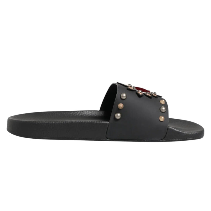Dolce &amp; Gabbana Sample Sale | Dolce &amp; Gabbana Black Heart Patch Rubber Calfskin Slippers Shoes - | Designer outlet
