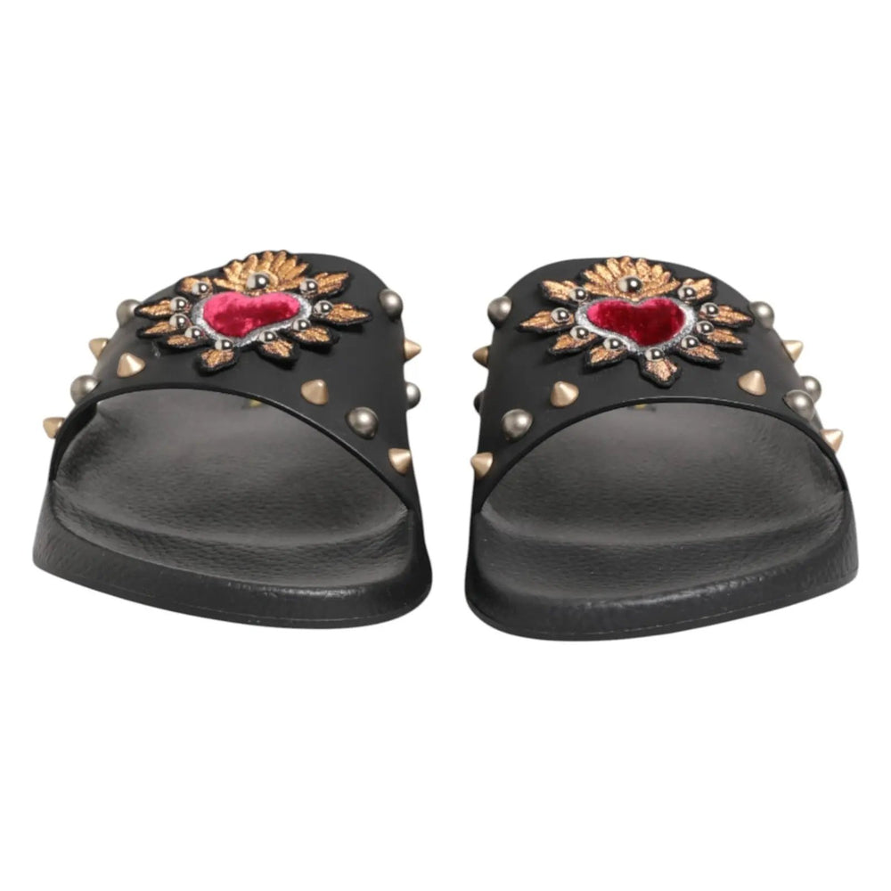Dolce & Gabbana Sample Sale | Dolce & Gabbana Black Heart Patch Rubber Calfskin Slippers Shoes - | Designer outlet