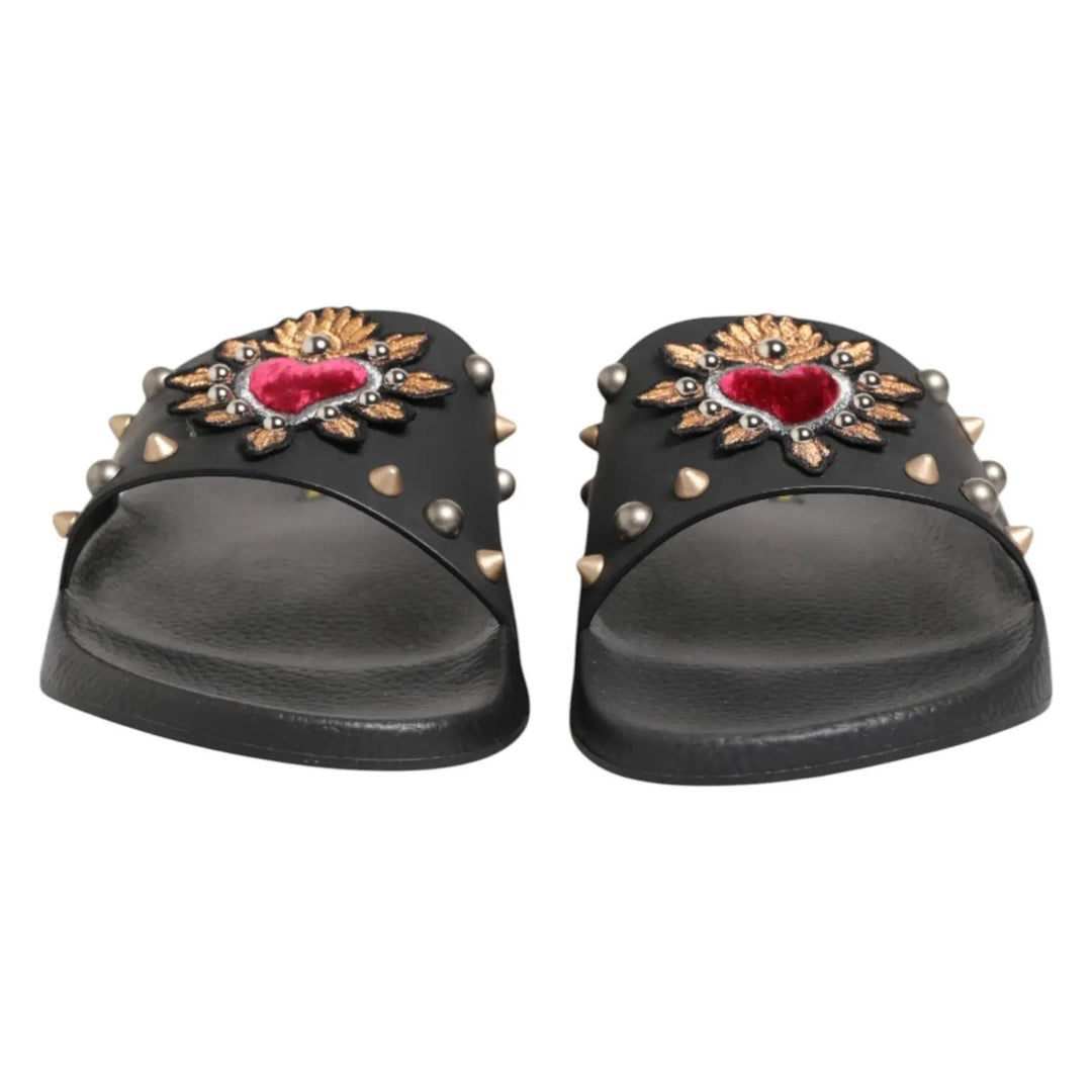 Dolce &amp; Gabbana Sample Sale | Dolce &amp; Gabbana Black Heart Patch Rubber Calfskin Slippers Shoes - | Designer outlet